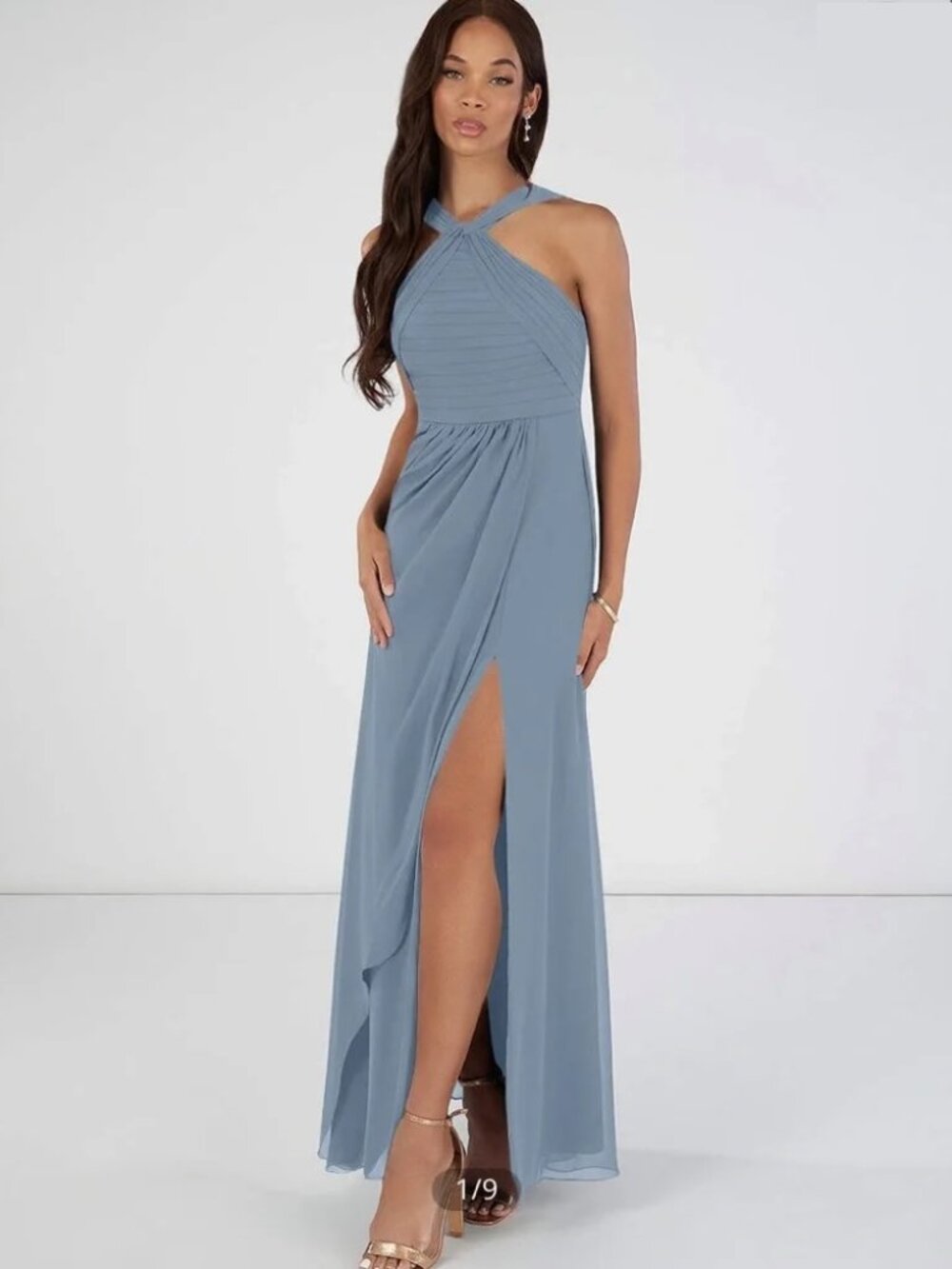 Azazie Mellie Dusty Blue Chiffon A6 Dress Gown Small/Medium High Neck